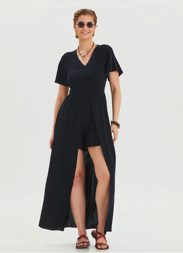 Black Women's Jumpsuit with Flounce Sleeves and Shorts Detail 4490